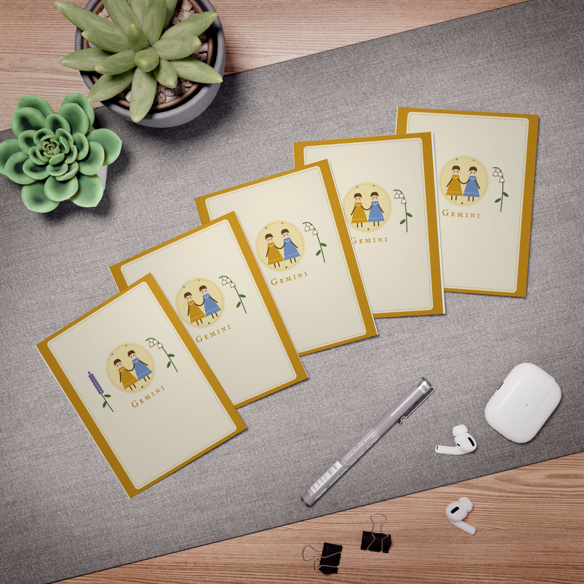 Gemini Zodiac Greeting Cards — 5-Pack Blank Note Cards